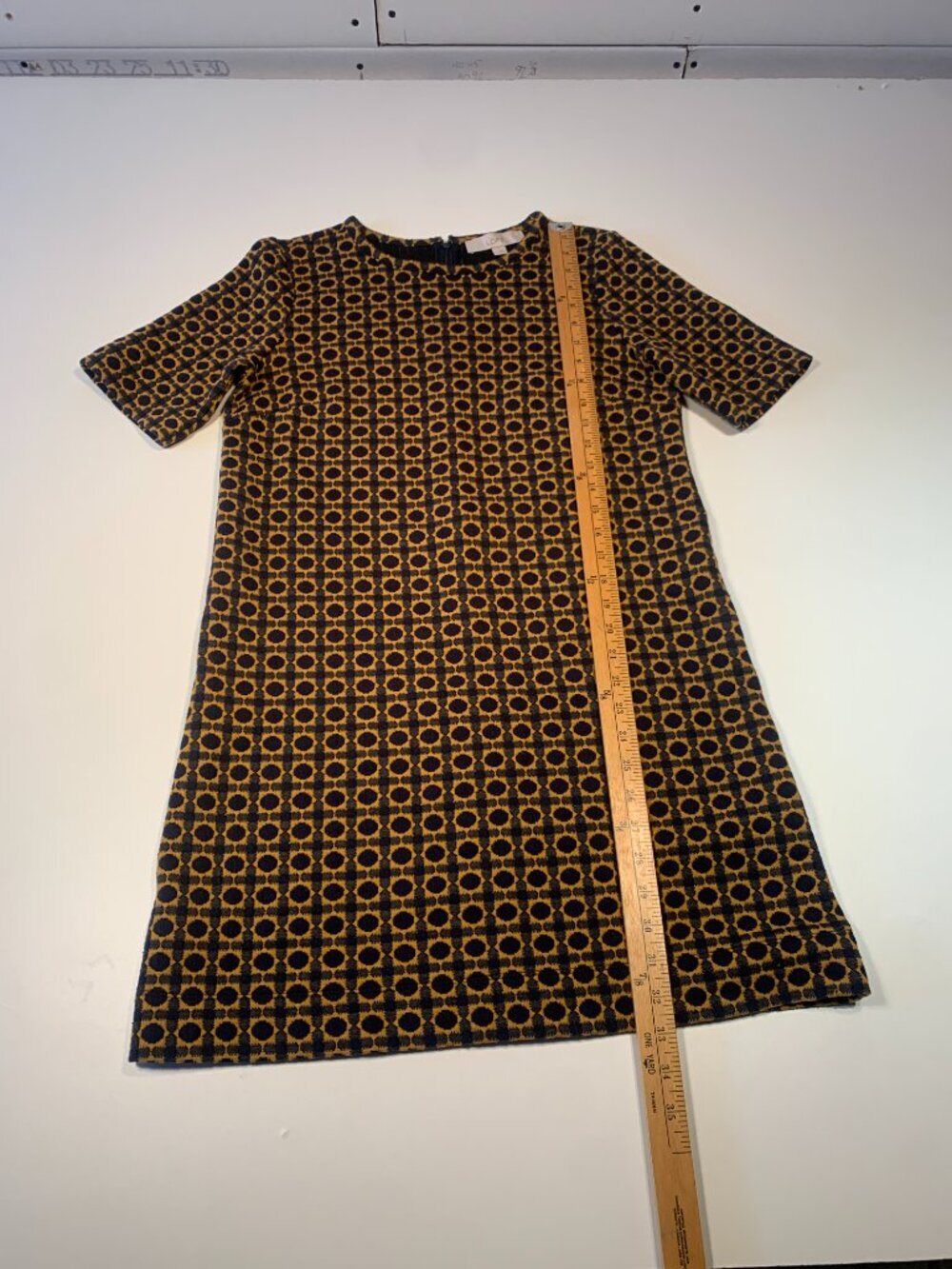 LOFT Geometric Print Shift Dress Mustard Navy Short Sleeve Small Boho Retro - Picture 3 of 10